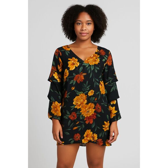 Charlotte Russe Fall Floral Ruffle Long Sleeve V Neck Lined Mini Dress Sz Large - Picture 1 of 9